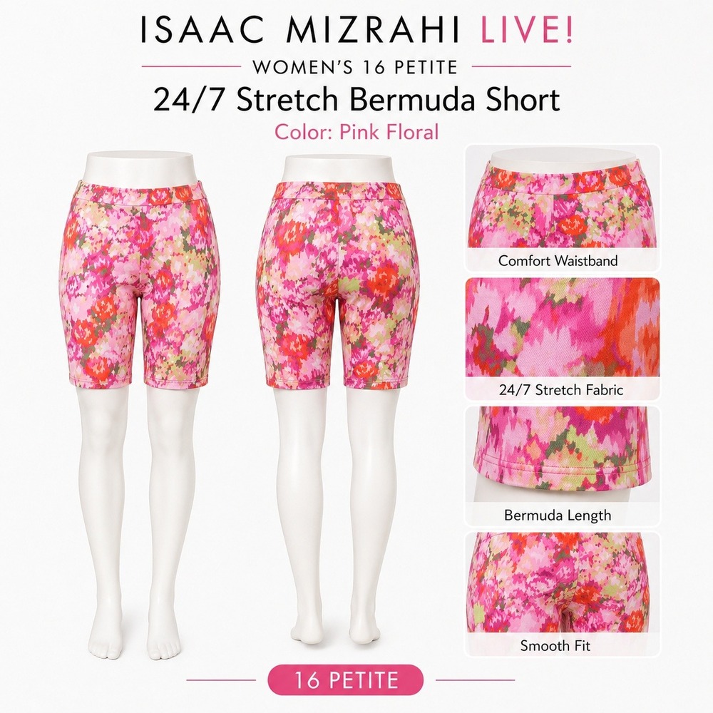 Isaac Mizrahi Live 24/7 Stretch Bermuda Shorts Pink Floral Petite 16P A352174